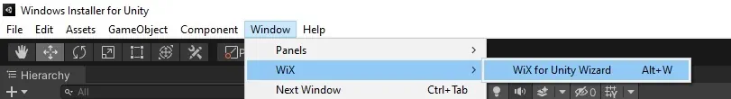 WiX for Unity Wizard in Unity's menu bar