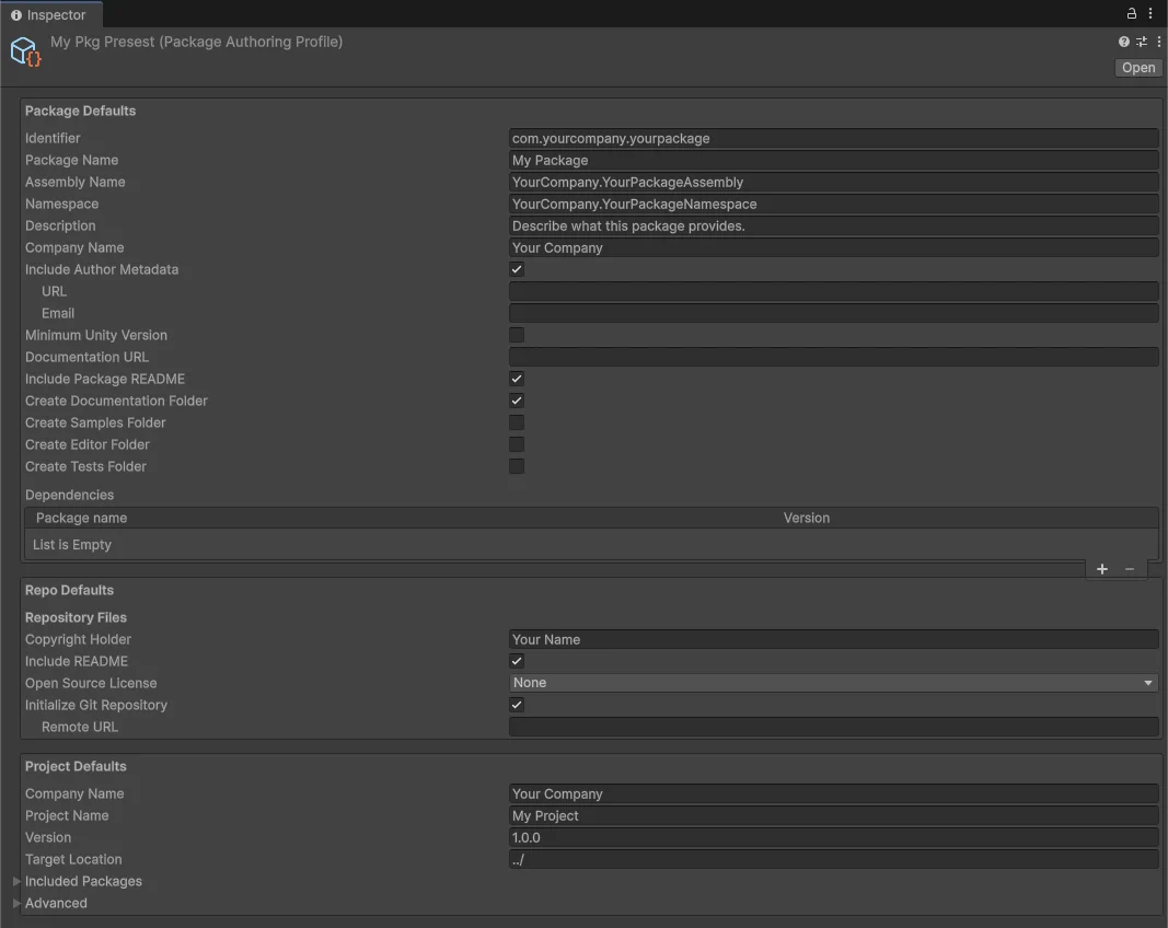 Package authoring preset asset