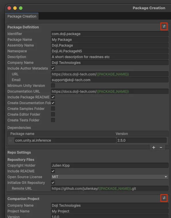 Package wizard preset buttons