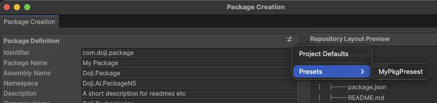 Package wizard preset button options