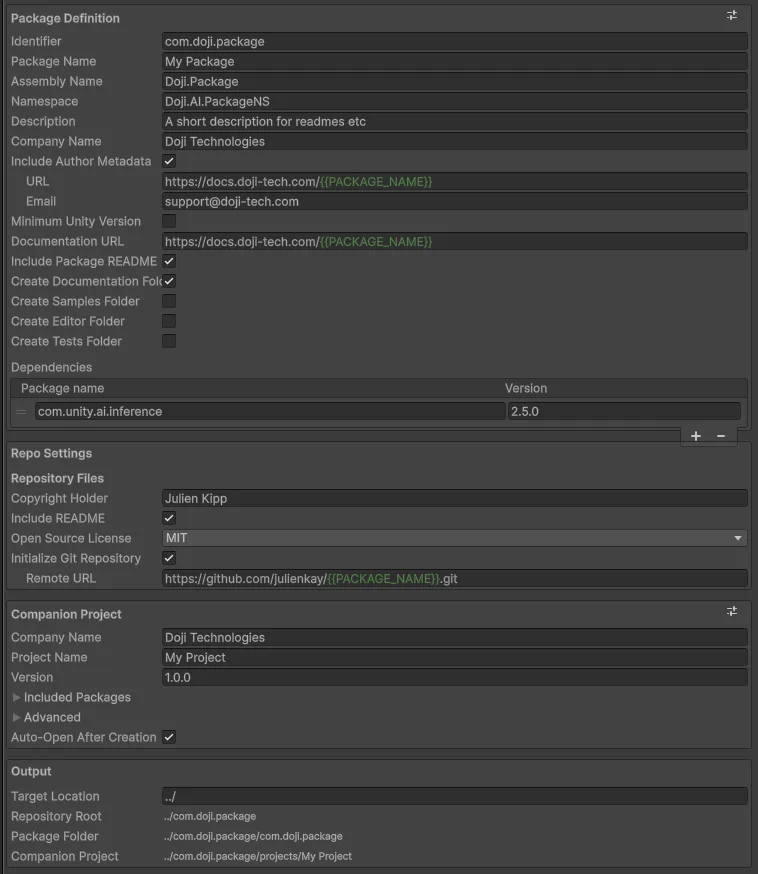 Package creation wizard sections
