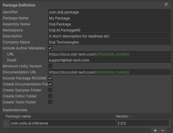 Package definition section