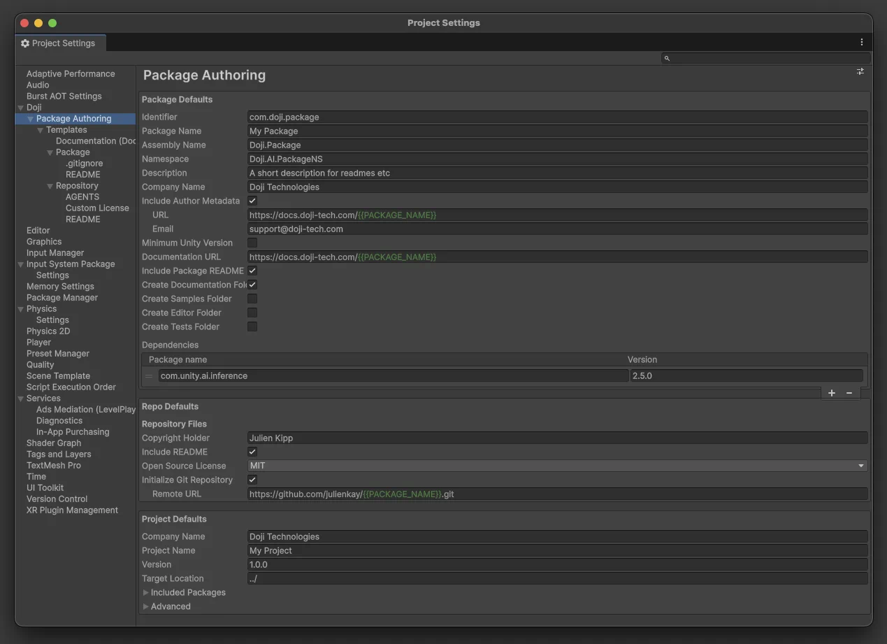 Project settings defaults page