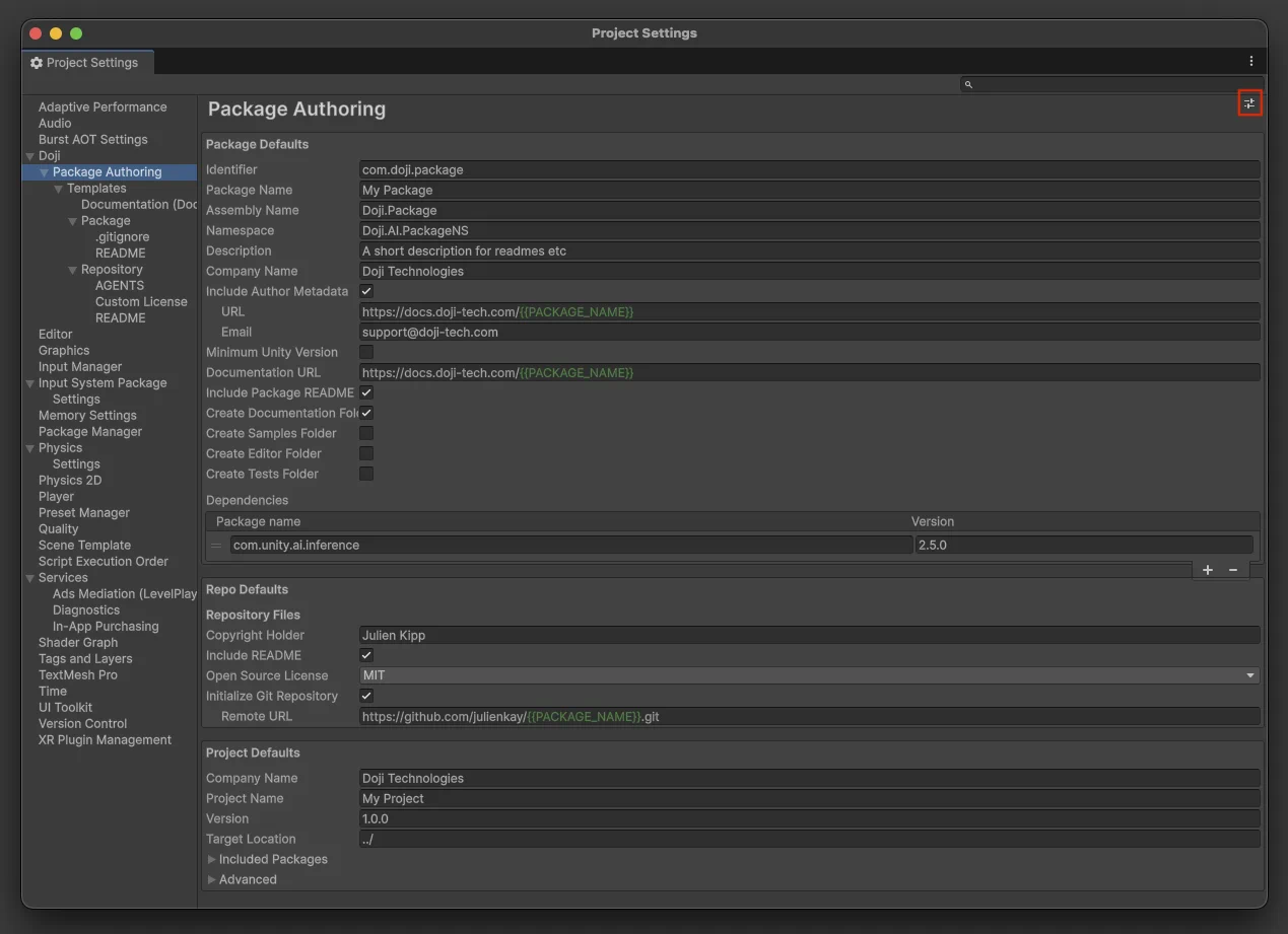 Project settings preset menu